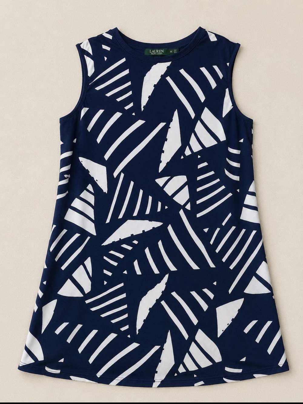 Lauren Ralph Lauren 2X Navy White Abstract Leaf Print Sleeveless Shift Dress